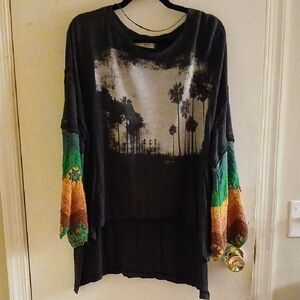 RARE! We The Free Graphic Long Sleeve Tshirt Top with Colorful Crochet Sleeves